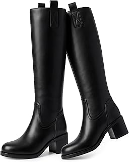 Knee High Boots for Women, Square Toe Riding Boots | Smooth faux leather, chunky block heel, pull-on entry, office commuters, workdays, shopping, travel, dinners and parties