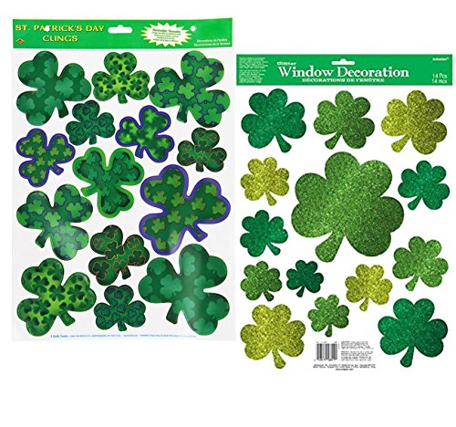 St. Patrick’s Day Window Cling Set with Lucky Wishes Glitter Shamrocks and Irish Mood Shamrocks - Bundled by Maven Gifts