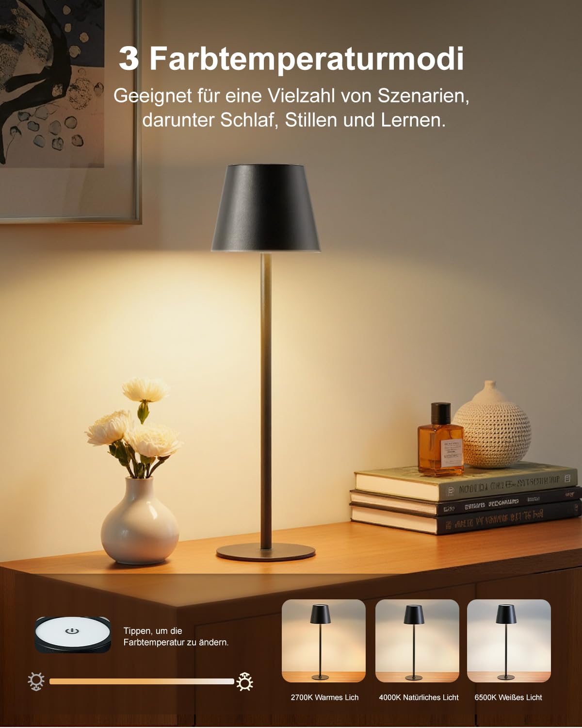 Bonsery Lot de 2 lampes de table LED sans fil - 5200 mAh - En métal - Avec 3 couleurs de lumière à intensité variable - Lampe de chevet portable - Étanche - 2 hauteurs (24 cm/37,5 cm) - Pour table à