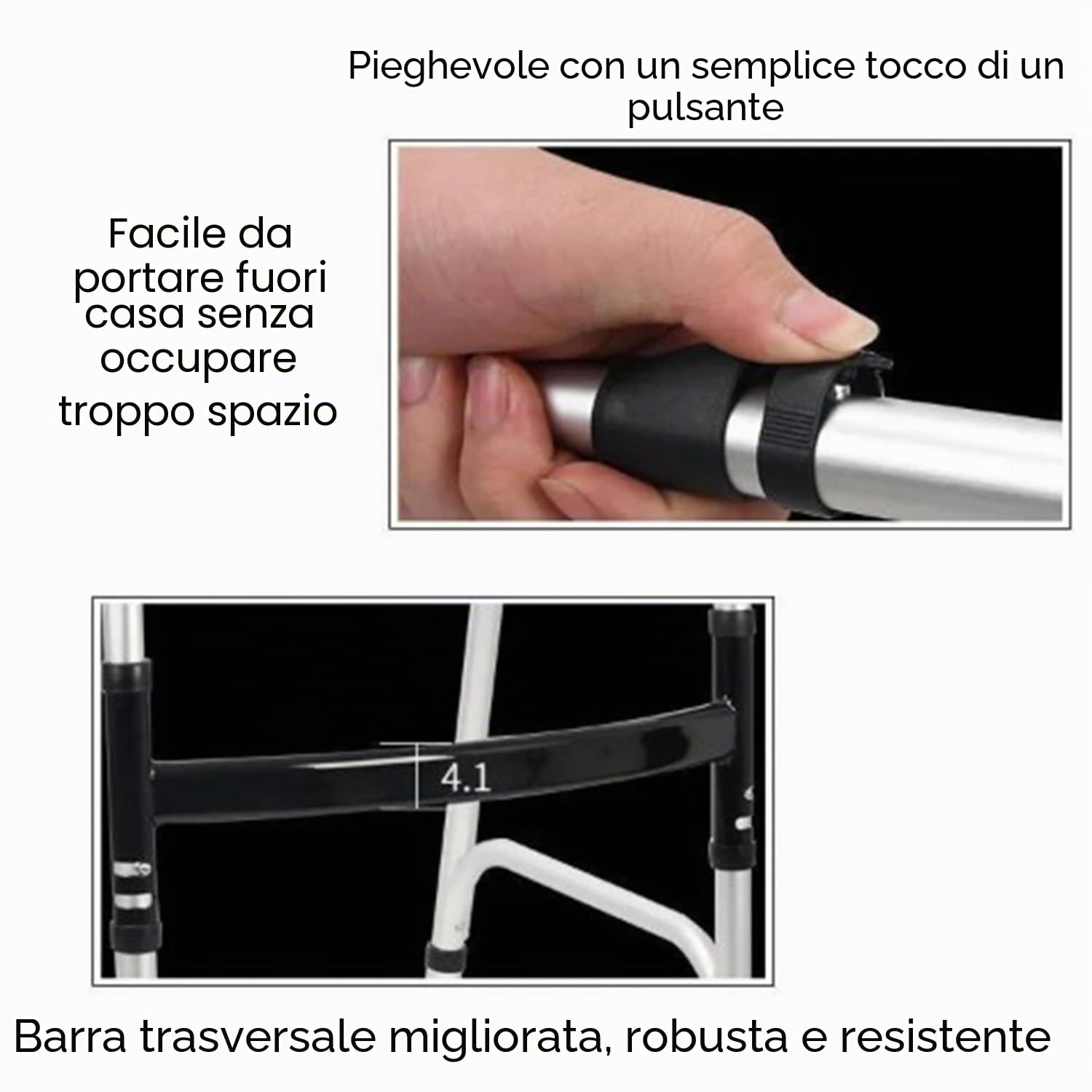 Deambulatore Pieghevole,Deambulatore Per Anziani,Senza Ruote,Girello Per Anziani,Impugnatura Ergonomica Con Rivestimento Antiscivolo,Leggera,Con Portata Fino a 180 Kg,Pieghevole