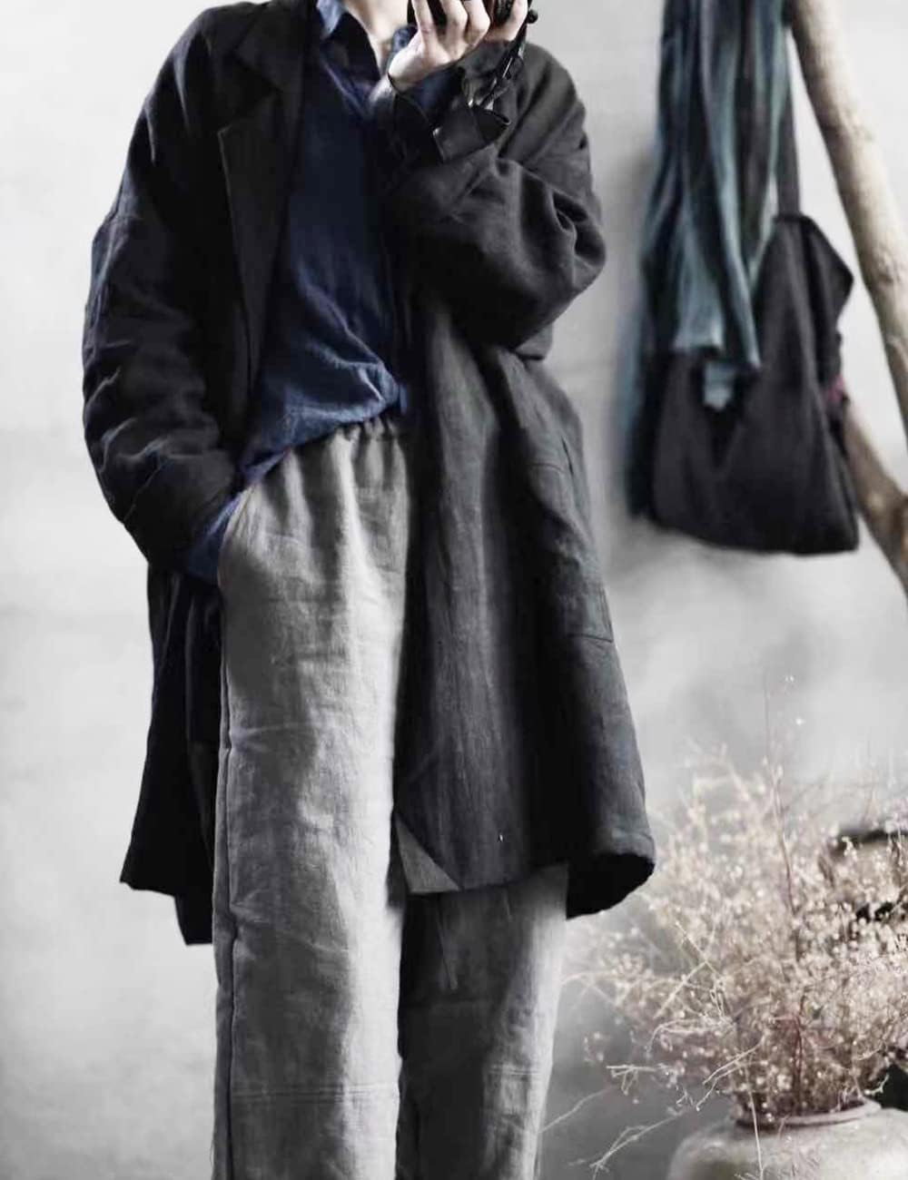 NFYM Women's Casual Linen Jacket Mid Length Lapel Blazer Open Front Long Sleeve Cardigan Black Trench Coat