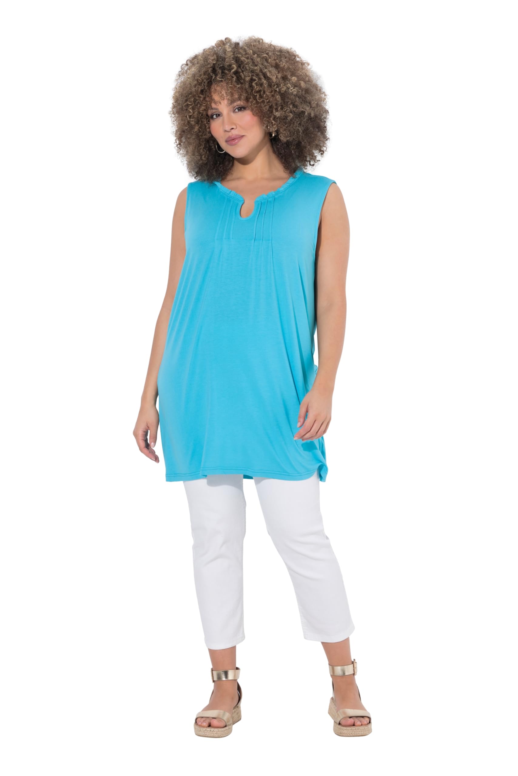Ulla Popken Womenswear Plus Size Curvy Pintuck Detail Tank Top deep Aqua 58+ 850347730-58+
