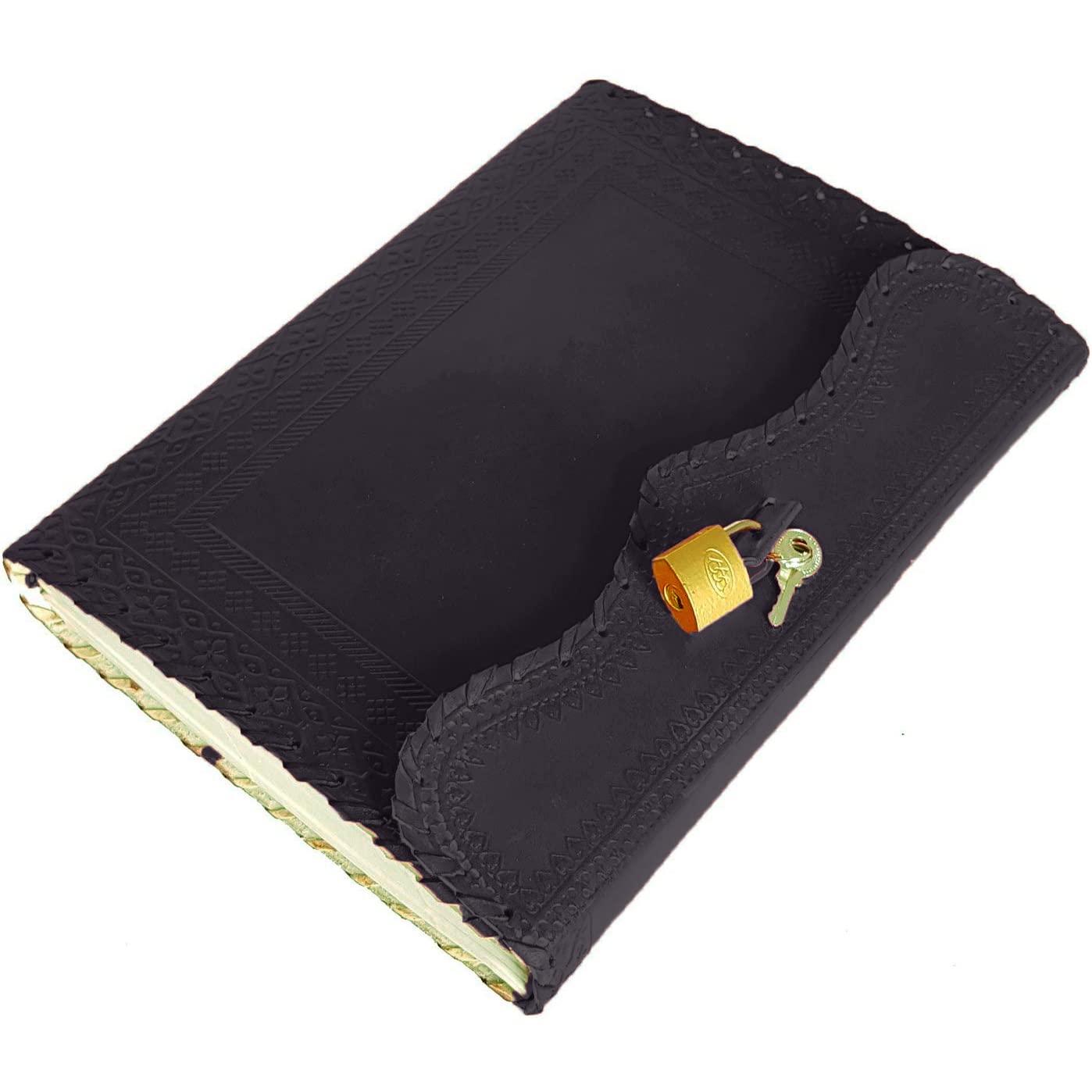 Jaald 25 cm Notizblock Notizen Notizbuch Seiten Handgemacht Album Tagebuch Leder mit Lederbezug Geschenke Antik Keltische Schloss Schlüssel Schliesse - Schwarz