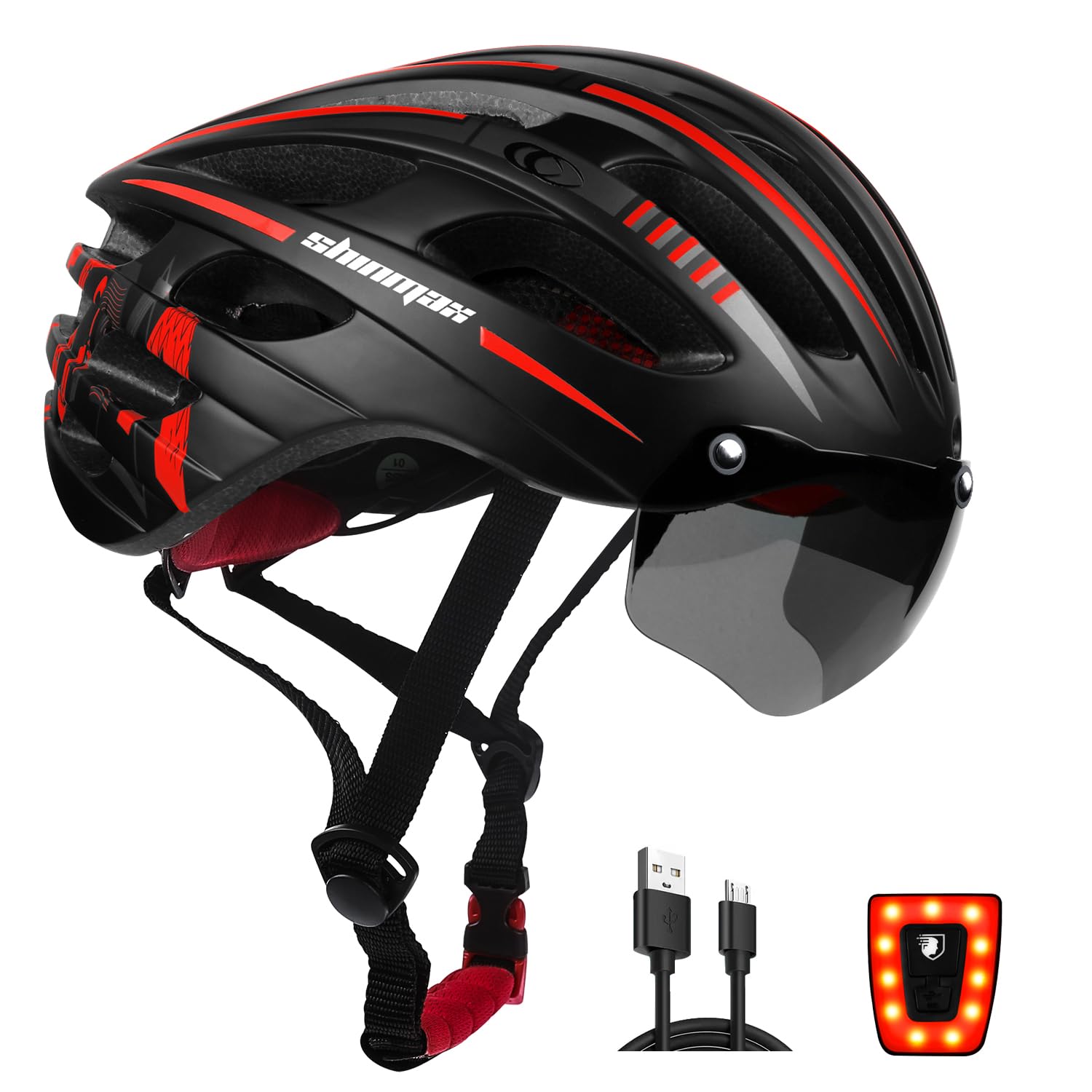 Shinmax Casco Bicicleta Adulto Casco Bici con USB Luz Pegatina Luminosa Certificado CE Casco Bicicleta Mujer Hombre con Visera Magnética Casco MTB Casco Bici para Montaña Ciclismo Carretera 57-62 cm