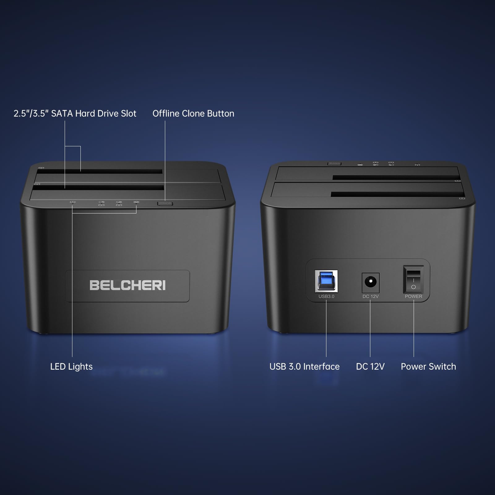 Docking station per dischi rigidi USB 3.0 doppio alloggio, per HDD/SSD SATA da 2,5"/3,5", clonazione offline e UASP per backup dei dati