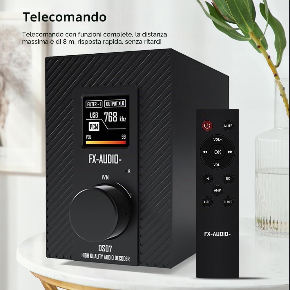 FX-AUDIO DS07 DAC - ES9068AS XU216 Bluetooth 5.1 HiFi - Decoder completamente simmetrico 32bit/768kHz DSD512 Native MQA, con telecomando