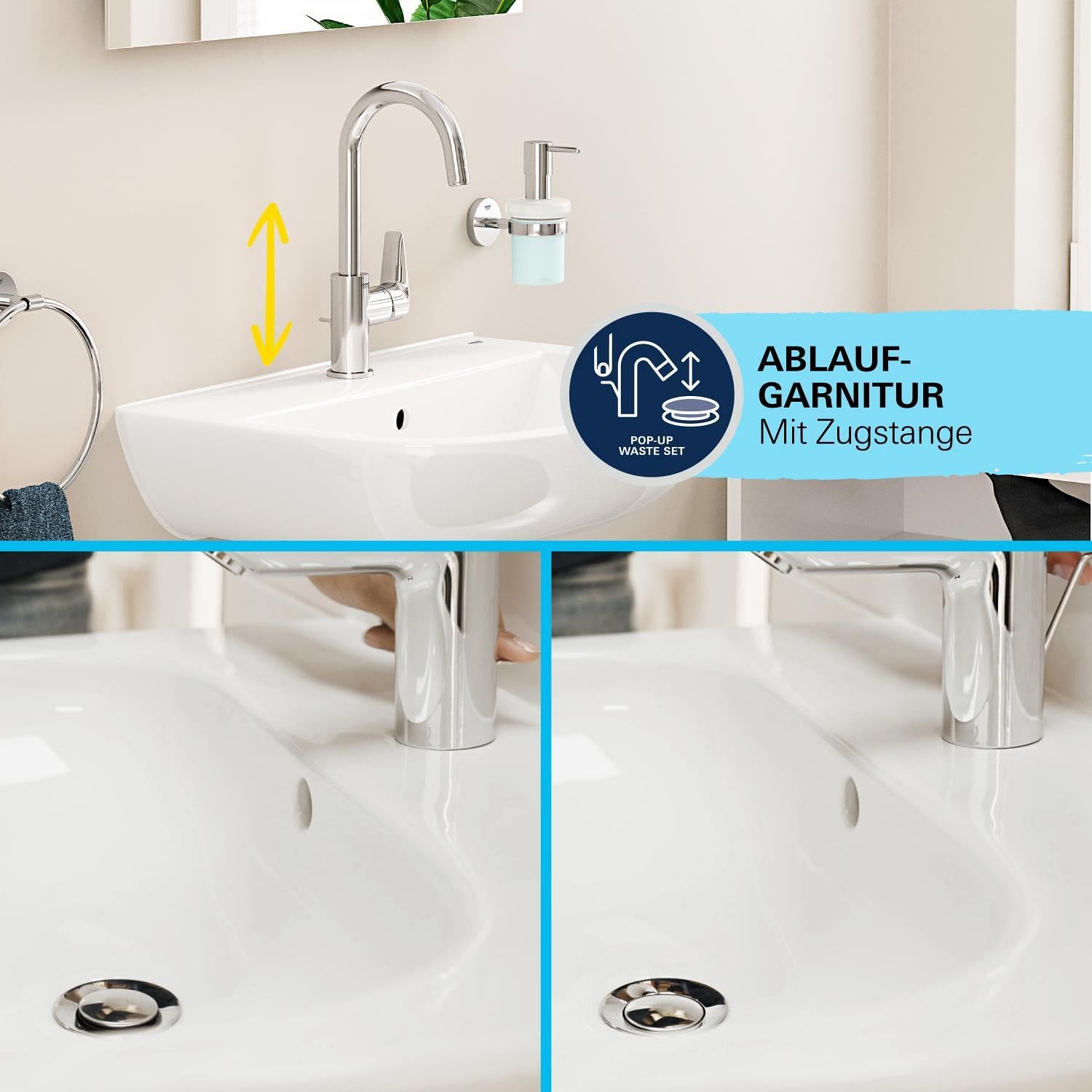 GROHE StartEdge, Waschtischarmatur hoch, wassersparend (Wasserhahn für das Bad, Badarmatur mit Zugstangen-Ablauf, 31cm hoch, mit 3in1 Werkzeug, einfache Installation am Waschbecken), chrom, 24201001