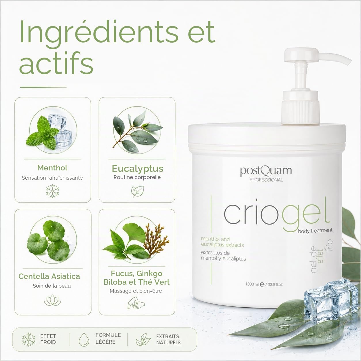 PostQuam Criogel crème corporelle effet froid raffermissante lissante gel rafraîchissant jambes lourdes 1000 ml