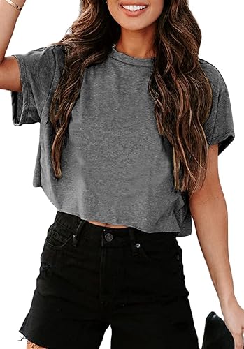 Tankaneo Women Short Sleeve Cropped T-Shirts Crew Neck Loose Crop