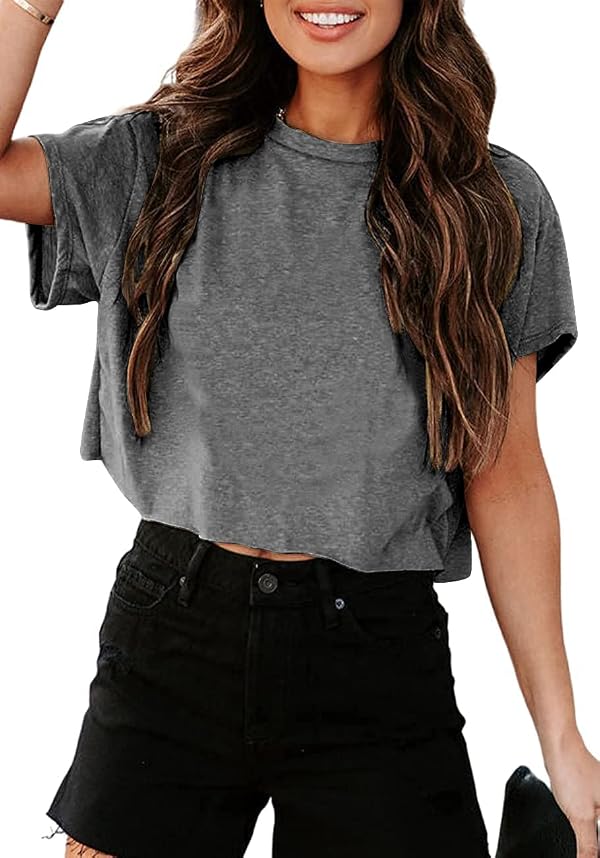Tankaneo Women Short Sleeve Cropped T-Shirts Crew Neck Loose Crop Tops Summer Casual Drop Shoulder Basic Tees by Tankaneo - Used condition - US$13.87