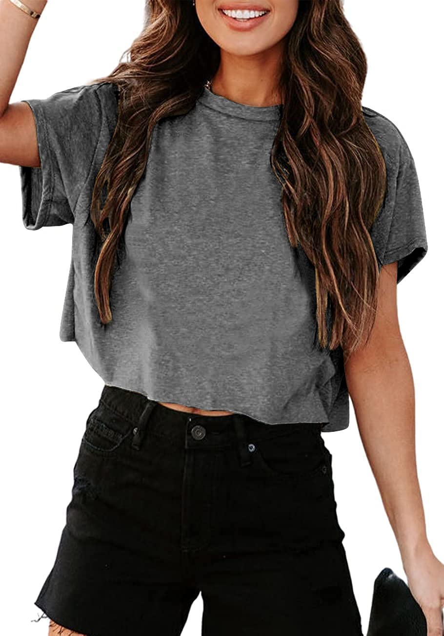 Tankaneo Women Short Sleeve Cropped T-Shirts Crew Neck Loose Crop Tops Summer Casual Drop Shoulder Basic Tees