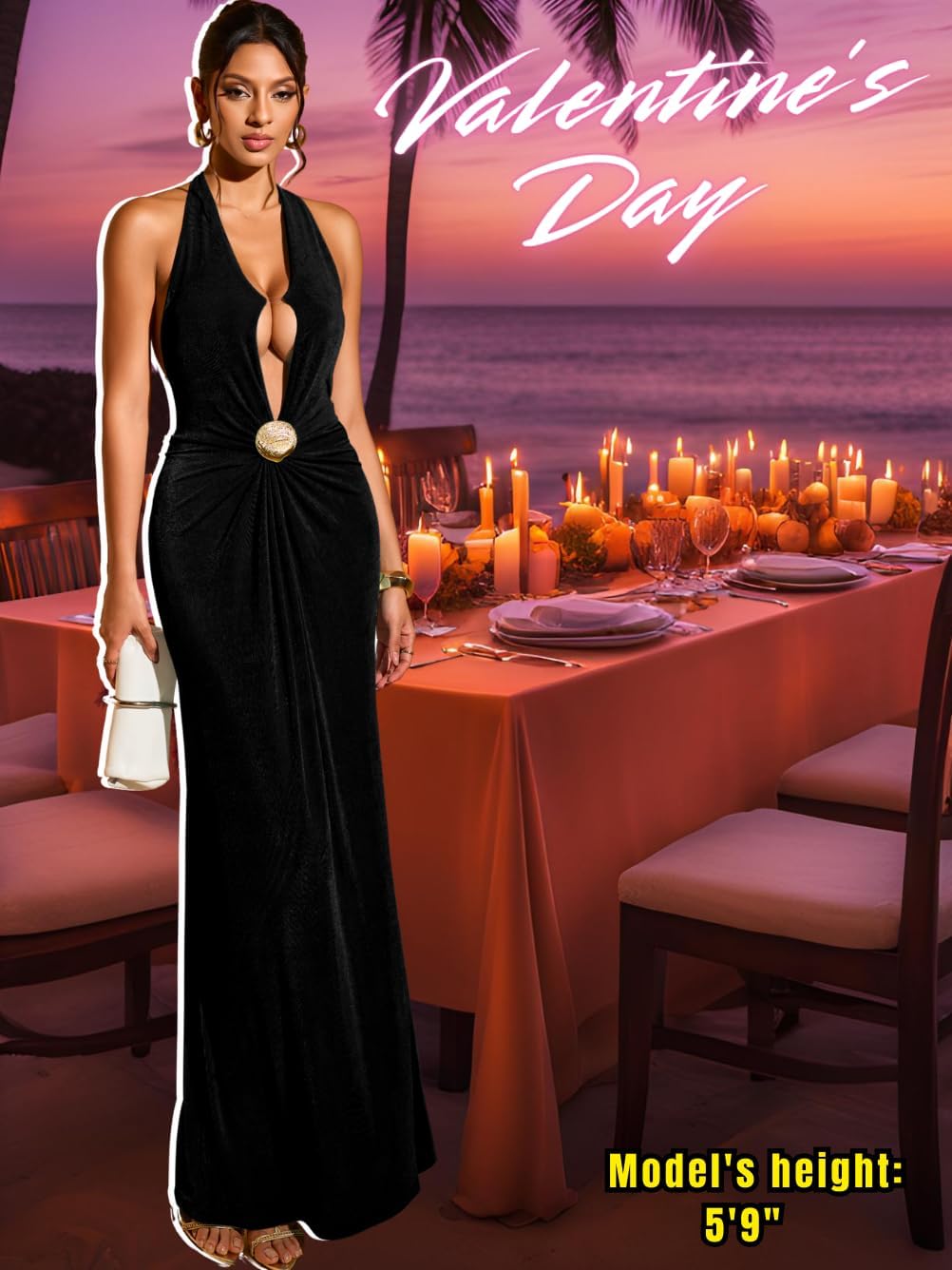 Women's Sexy Backless Evening Gown - Elegant Deep V Halter Maxi Dress with Cinched Waist for Formal Wedding Guest - Image 5