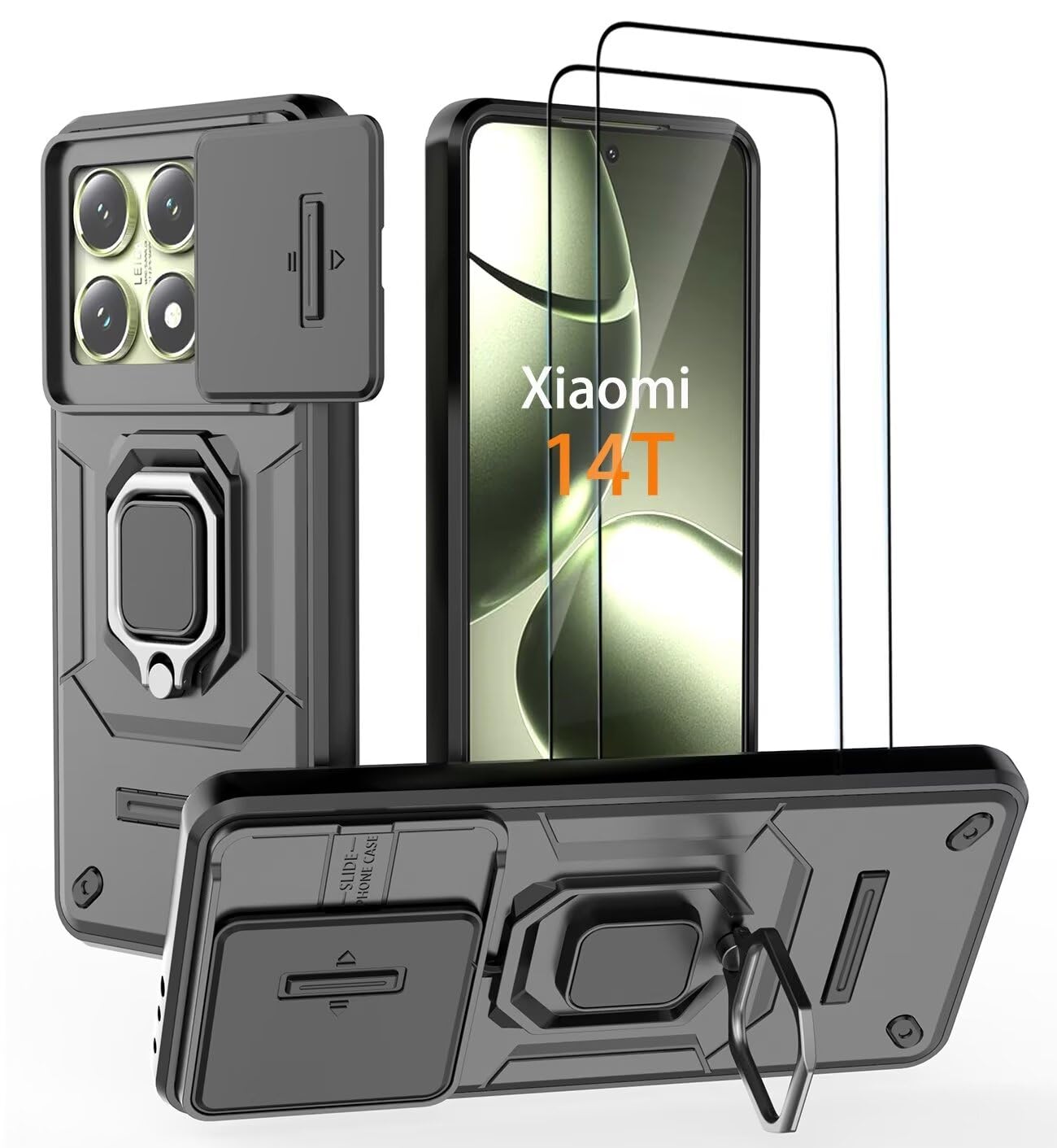 DERHAN Etui do Xiaomi 14T 5G, odporne etui z hartowanym szkłem [2 sztuki] + osłona aparatu [ochrona aparatu], obudowa antywstrząsowa z uchwytem - czarna
