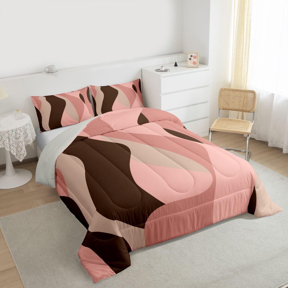 Erosebridal Pink and Brown Bedding Sets Abstract Geometric Girls Comforter Set Queen,Retro Pink Brown Waves Ombre Bedding Comforter Sets for Teen Adult Women Modern Fashion Quilt Set 2 Pillow Cases
