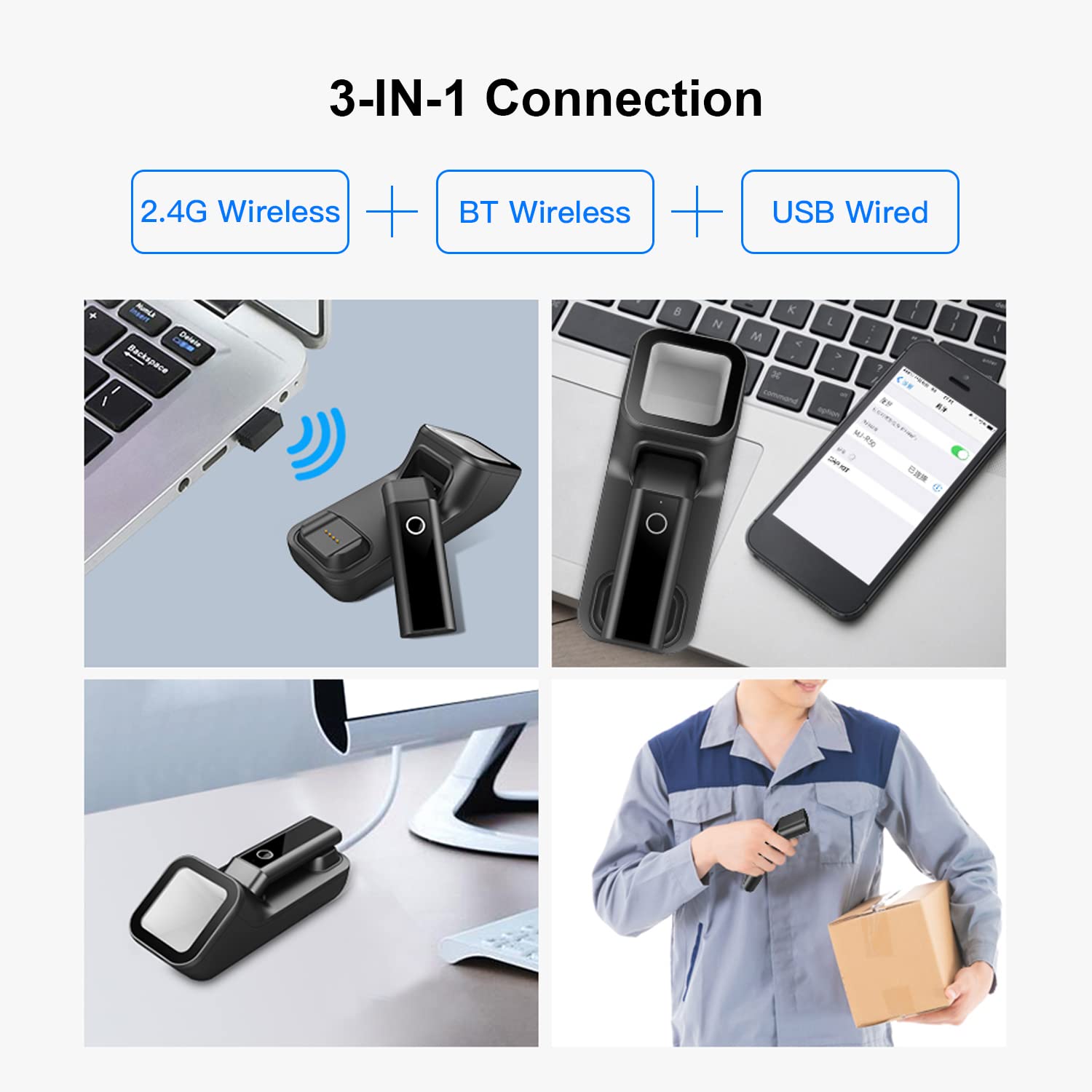 Lecteur de codes-barres 3 en 1 - Lecteur de codes-barres 1D portable - Prend en charge BT et 2,4 G sans fil et connexion filaire USB avec base de charge et de numérisation - Compatible avec