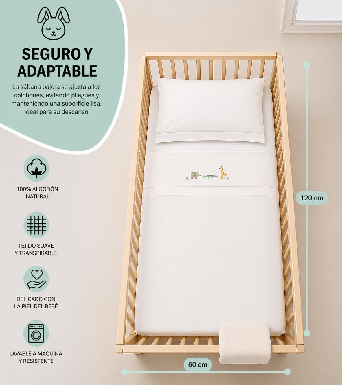 Lenzuola 100% cotone per culla, 60 x 120, 3 pezzi, colore: beige (lenzuolo con angoli + lenzuolo superiore + federa per cuscino) - Made in Spagna