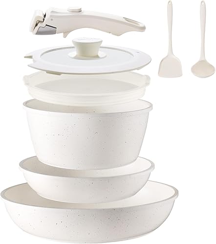 Juego de 8 piezas de utensilios de cocina de cerámica, sartén de cerámica antiadherente, juego de ollas y sartenes con mango extraíble, juego de