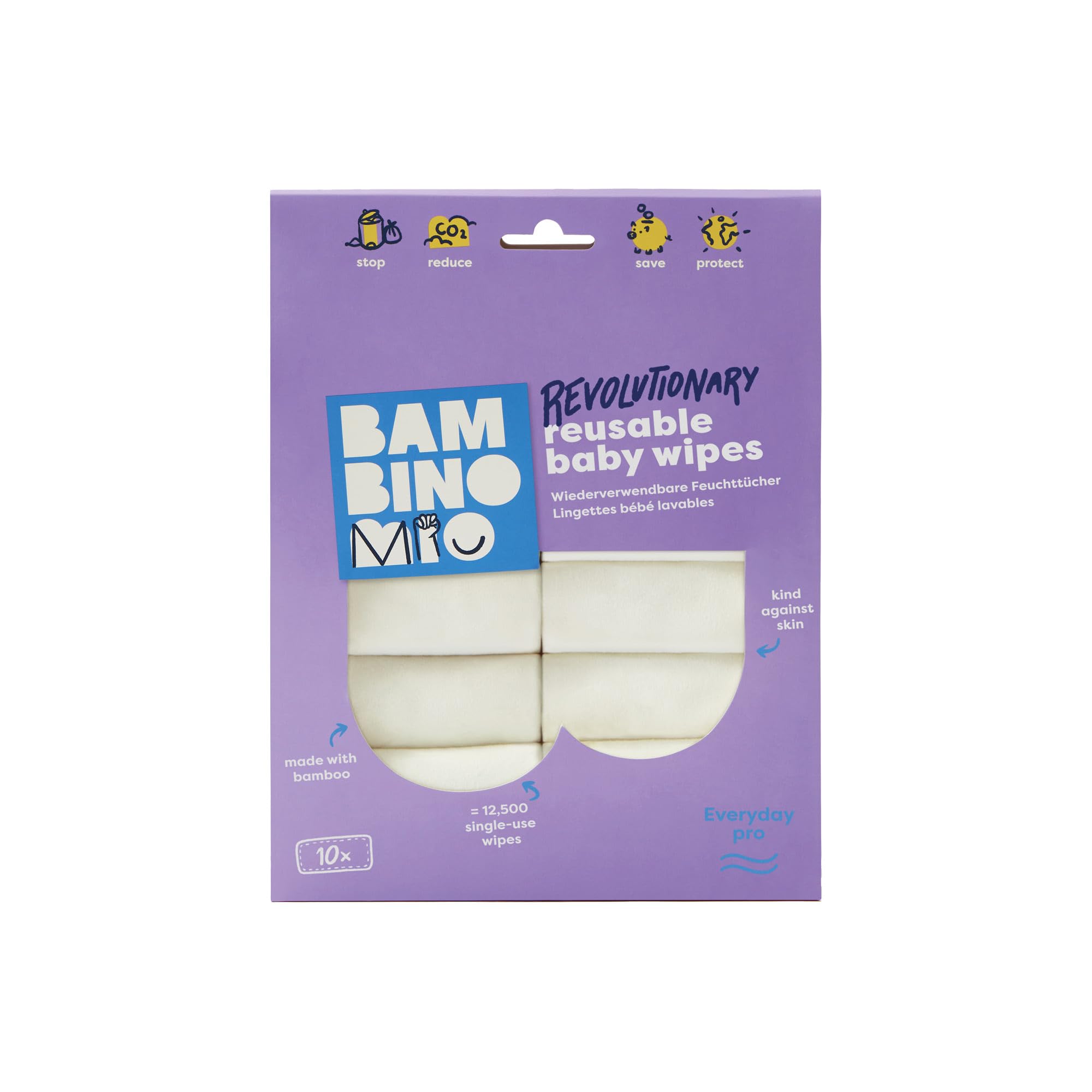 Bambino Mio, Lingettes bébé lavables Extra+, Saines, Zéro déchet, Deux utilisations, Lot de 10, Neige - L'emballage peut varier