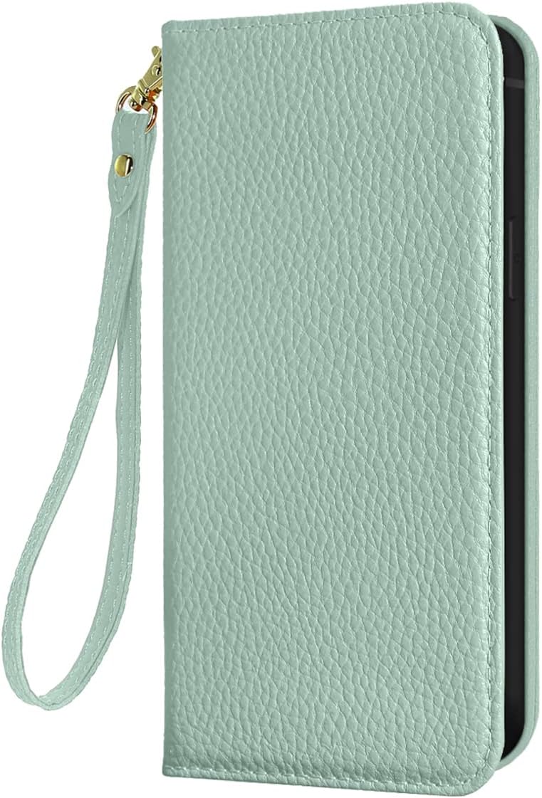 NanHou iPhone 12 Pro Max Case Microfiber Leather RFID Blocking Wallet Magnetic Closure Kickstand Wrist Strap Card Holder Shockproof Flip Cover - Light green