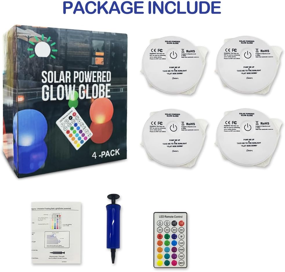 4PCS Solar Powered Floating Pool Lights,14" Inflatable LED Glow Globe 16 Color Changing Pool Ball Light