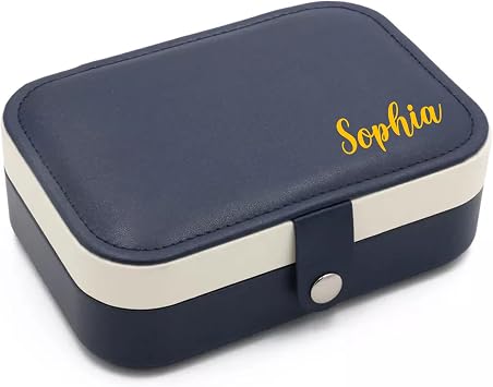 Personalized Jewelry Boxes For Women - PU Leather Travel Jewellery Box - Jewels Storage Box For Earring, Ring, Necklace - Bridesmaid Gifts For Girls PU Leather Jewelry Case Blue With Name