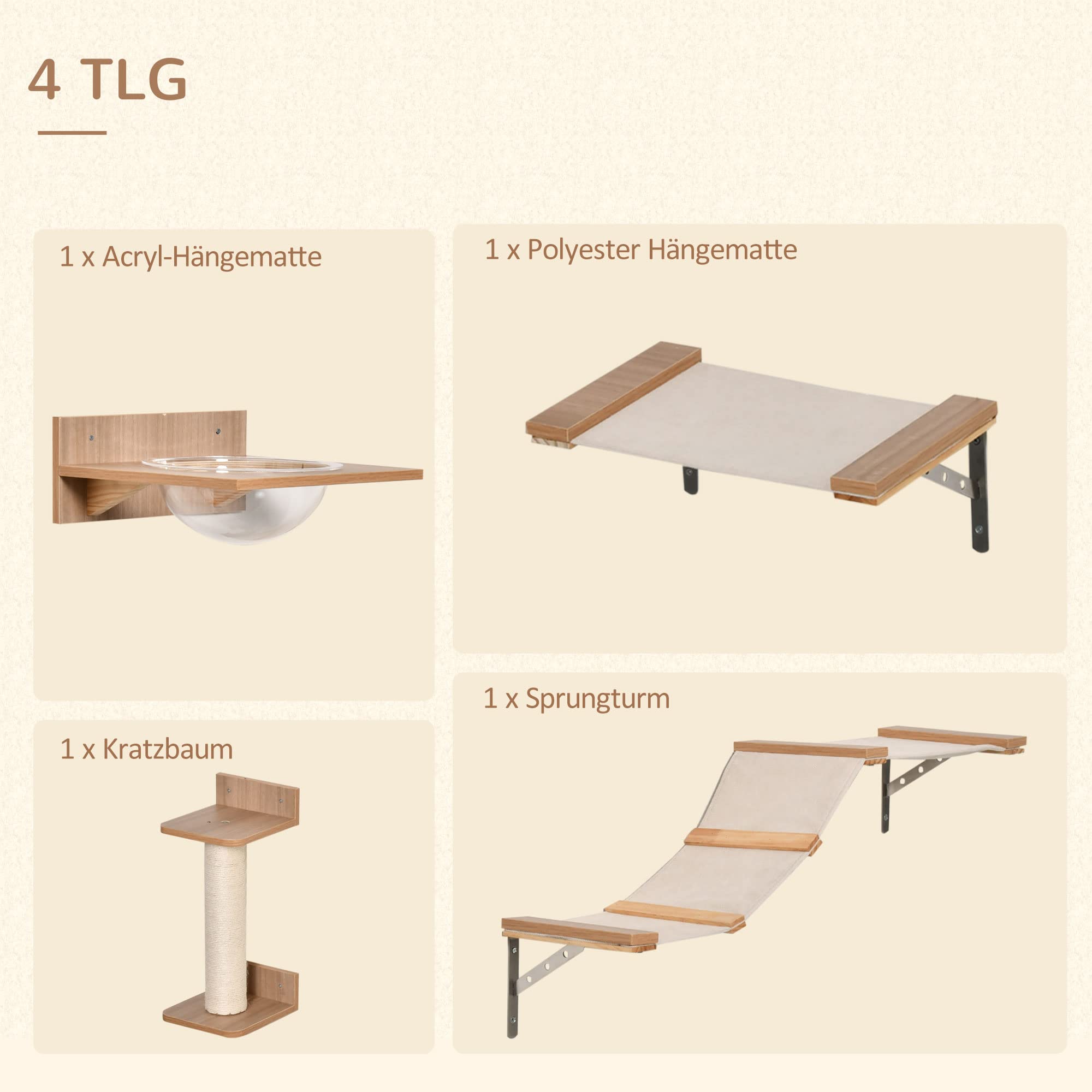 PawHut Kletterwand Katzen 4-teilig Katzenkletterwand bis 5 kg Hellbraun