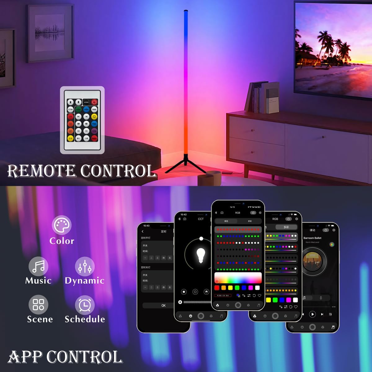 RGB LED Corner Floor Lamp，DIY Floor Lamp with Music Sync and 16 Million Colors, 15 Dynamic Modes, App & Remote Control,Standingl Corner Changing Ambience Light, for Living Bedroom Room Gaming Room