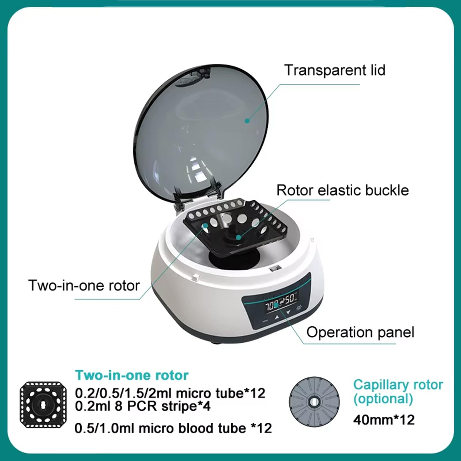 Mini centrifugeuse de laboratoire, vitesse réglable, 5000-7000 tr/min, microcentrifugeuse numérique LCD avec rotors pour 0,2/0,5/1,5/2 ml,7Pro