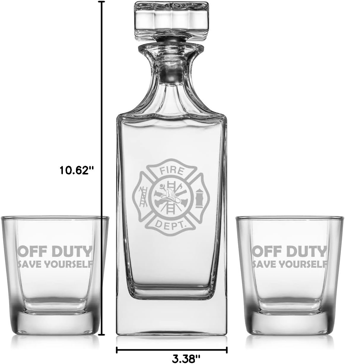 Whiskey Decanter Gift Set With 2 Whiskey Old Fashioned Rocks Glasses Fire Department Firefighter Off Duty Save Yourself Funny