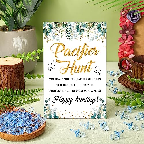 Image of Thyle 51 Pcs Greenery Theme Pacifier Hunt Baby Shower Games Include Blue Hunt Sign and 50 Acrylic Pacifiers for Greenery Eucalyptus Baby Shower Game Decoration Gift Sets Gender Reveal Party Decor