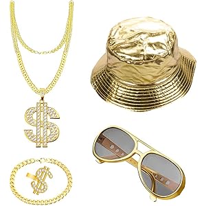 Kit Accessori Hip Hop Anni 80-90 - Catena Finto Oro, Collana &amp; Anelli Dollar Per Costumi Rapper