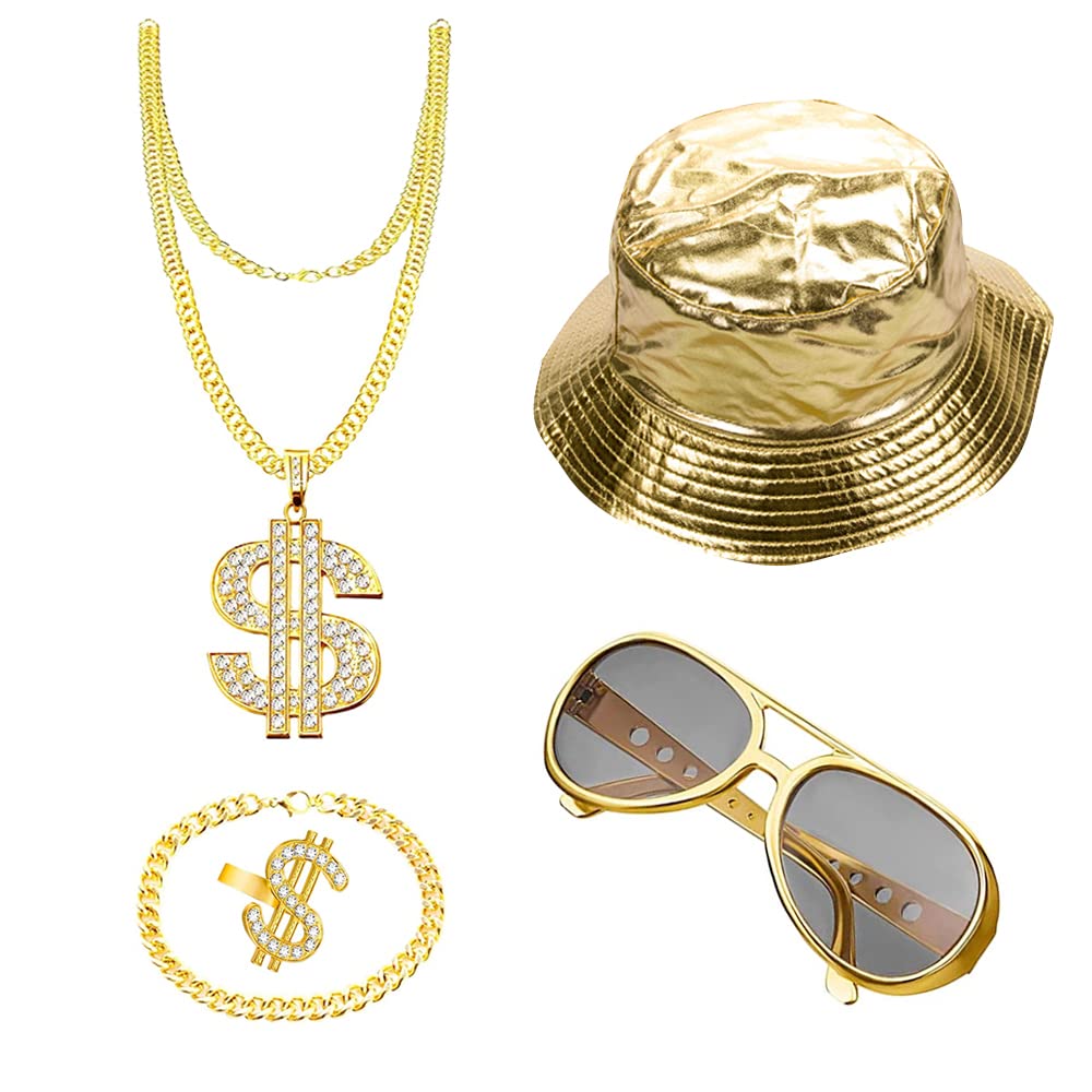 Kit De Accesorios Hip Hop Dorado – Collar, Anillo, Pulsera, Gorra, Gafas Y Radio Inflable, Estilo Años 80/90 Para Fiestas Y Cosplay