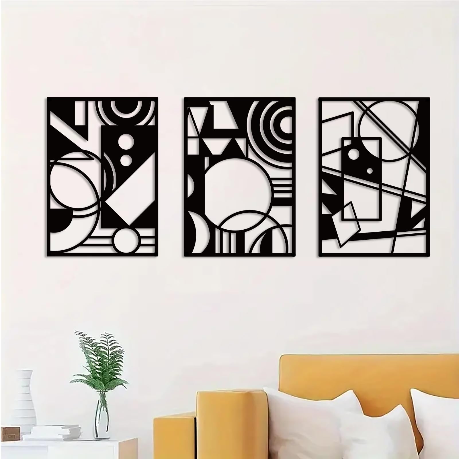 DUOOLN Large 3 Pcs Abstract Metal Wall Art, Black Modern Geometric Decor Hanging, Minimalist Single Line Wall Décor Sculptures, Living Room Bedroom Bathroom Office Farmhouse Decoration-37x15.7in