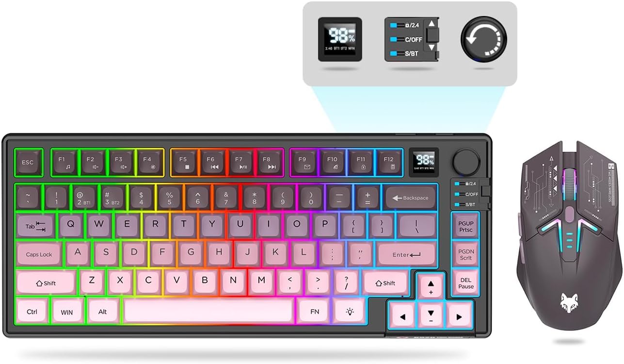 Juego de teclado y mouse inalámbricos para juegos, teclado mecánico + ratones 3D de 1600 DPI, batería de 2000 mAh, teclado retroiluminado RGB con 80 teclas, teclado para computadora o portátil (rosa