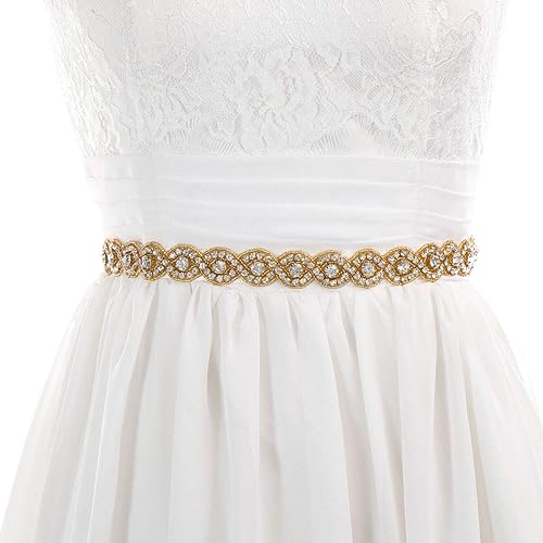Brishow Cinturón de boda con diamantes de imitación de cristal para novia apliques finos cinturones de vestir para mujeres y niñas Dorado-beige