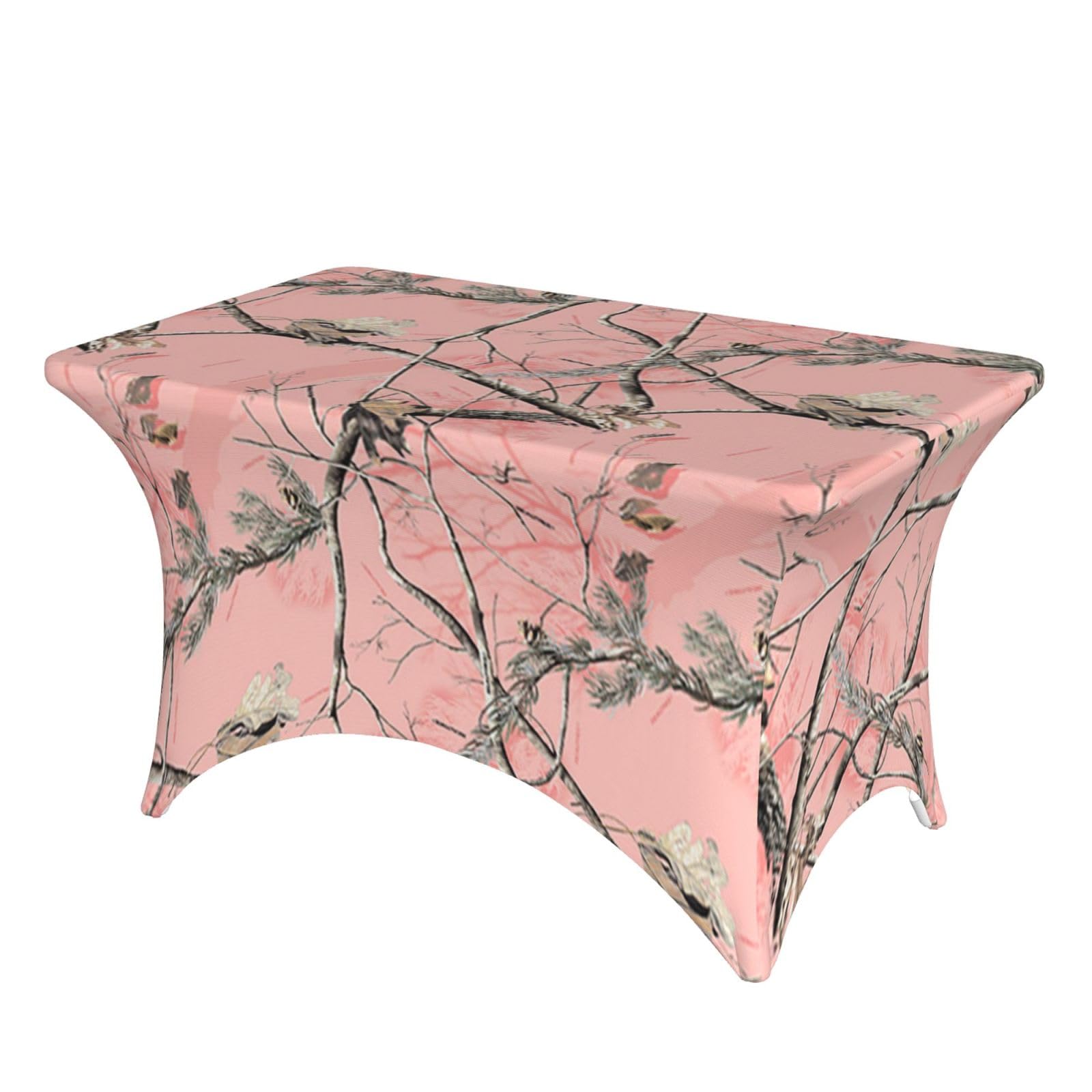 Dcehgew Pink Leaves Camouflage 4Ft Spandex Rectangular Table Cloth, Printed Fitted Elastic Tablecloths Washable Table Cover For Event, Wedding, Banquet & Party