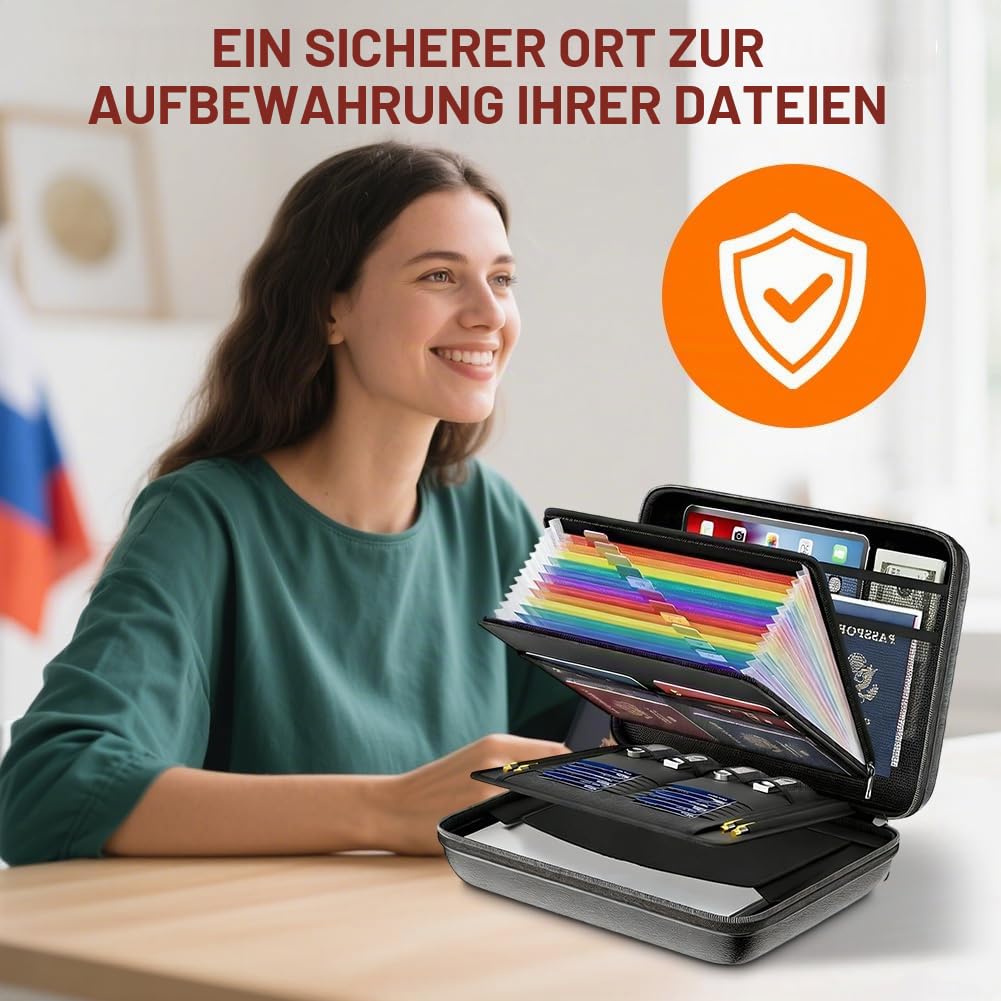 Feuerfeste Dokumententasche Aktenkoffer mit Schloss, 13 Fächer Feuerfeste Aufbewahrungsbox, Tragbare Hartschale Dokumentenbox Aktenorganizer