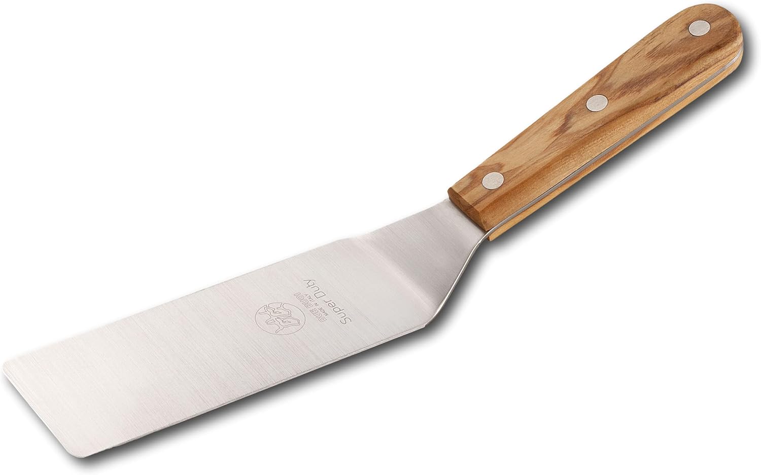 DUE BUOI Super Duty Narrow Spatula Olive Wood Handle dimension 2” X 6” 1/3. Hardened stainless steel. Professional quality. Kitchen bbq grill griddle pastry. Full Tang Triple Riveted.