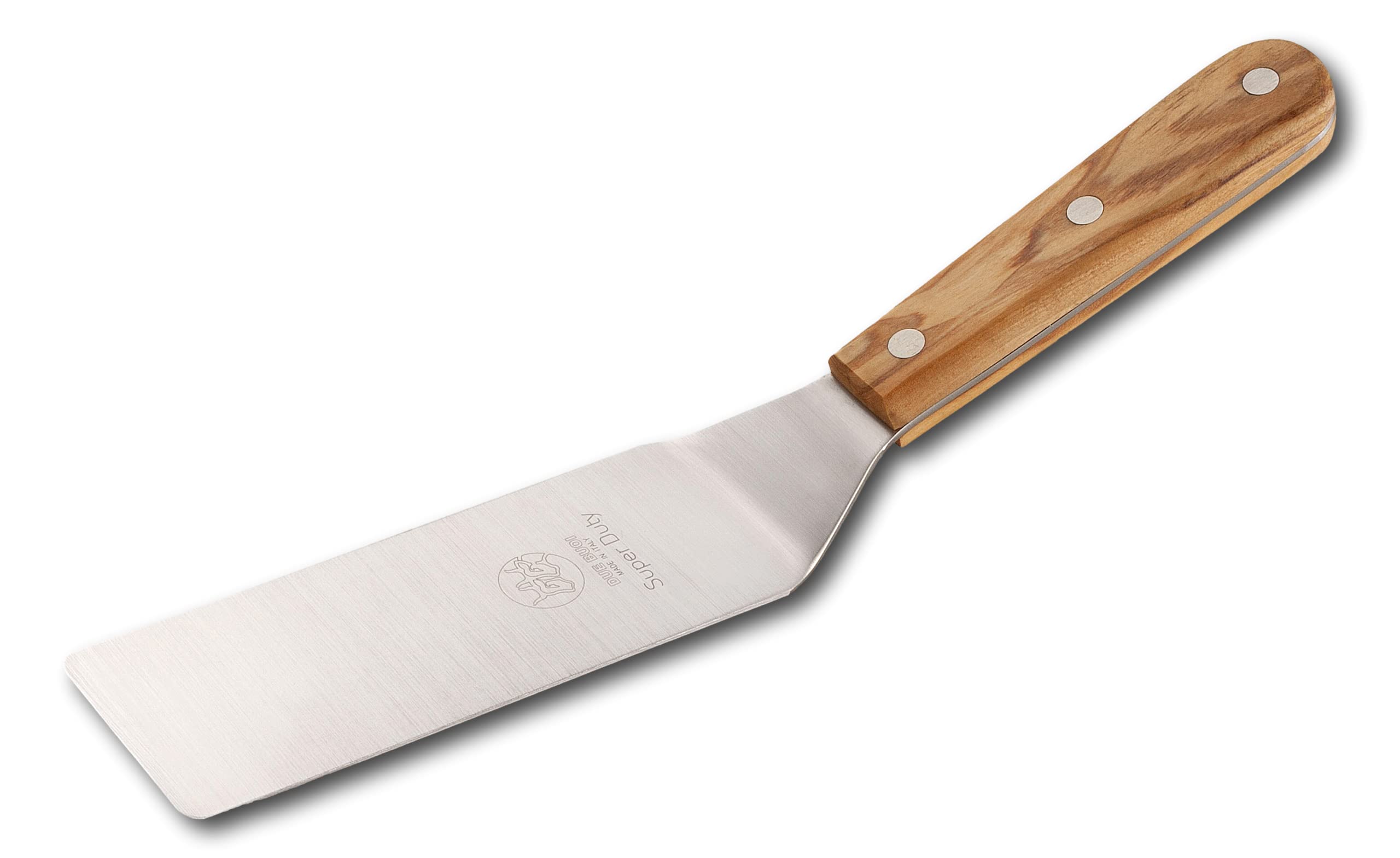 DUE BUOI Super Duty Narrow Spatula Olive Wood Handle dimension 2” X 6” 1/3. Hardened stainless steel. Professional quality. Kitchen bbq grill griddle pastry. Full Tang Triple Riveted.