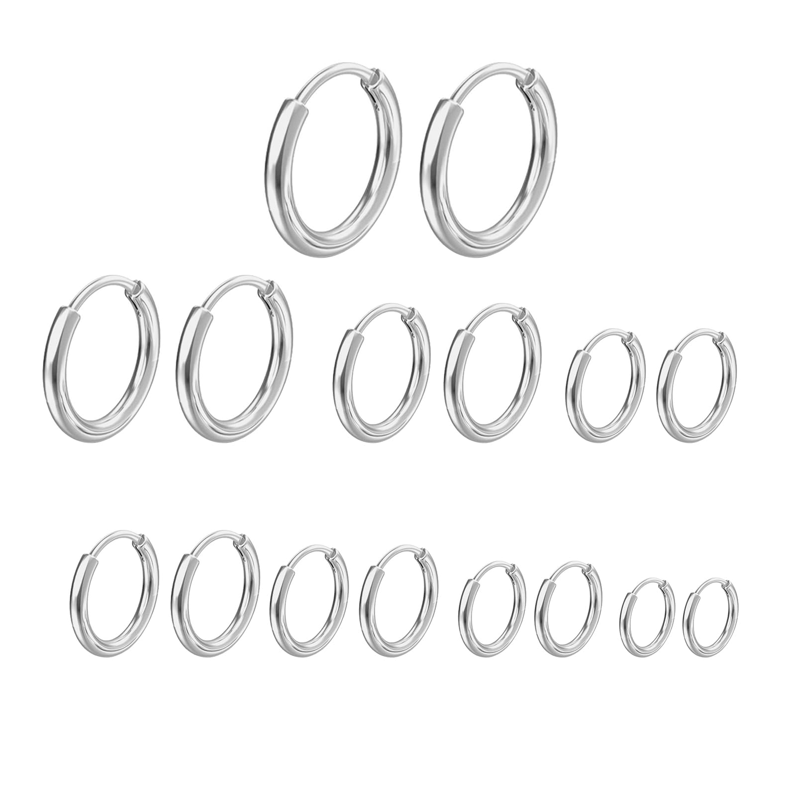 8 Paia di Orecchini in Acciaio Inossidabile per Uomini e Donne, Piccoli Cerchi Chirurgici Ipoallergenici e Leggeri, Argento 6-20mm