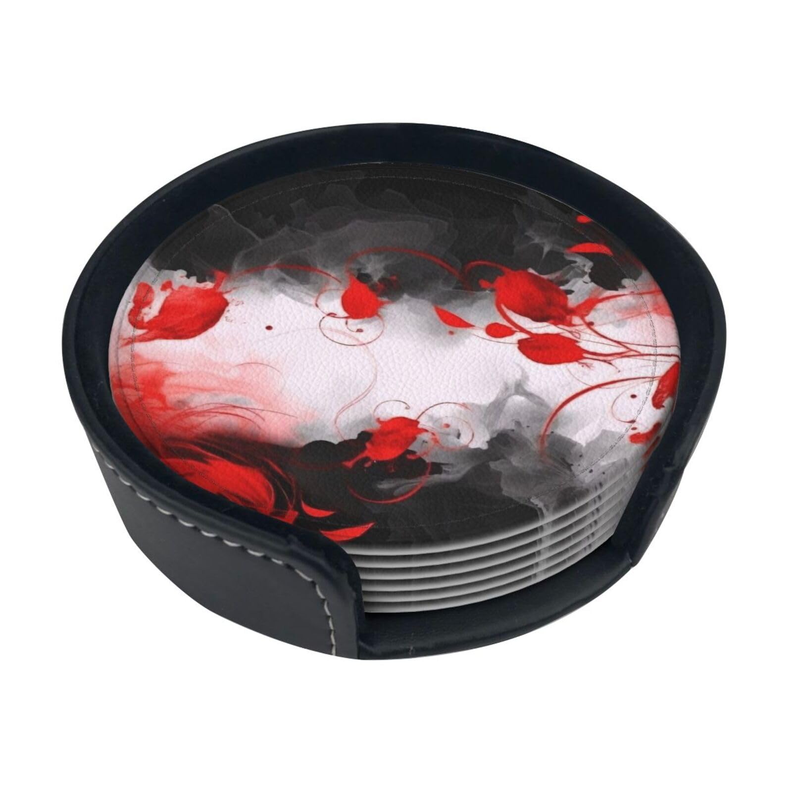 Red Black White Abstract Round Leather Coasters (6 Pieces) - Drink Coaster Set For Desk, Modern Easy To Clean Home Office & Farmhouse Coasters