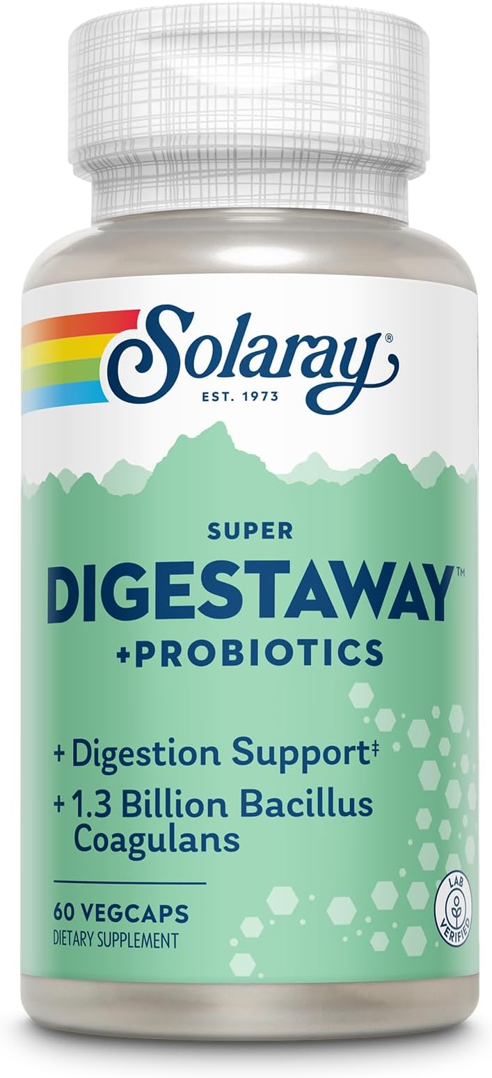 SOLARAY Super Digestaway Plus Probiotics, Digestive Enzymes with Probiotics for Women and Men, Digestion and Gut Health Support - with Pacreatin, Papaya, Bromelain, 60-Day Guarantee, 60 Servings