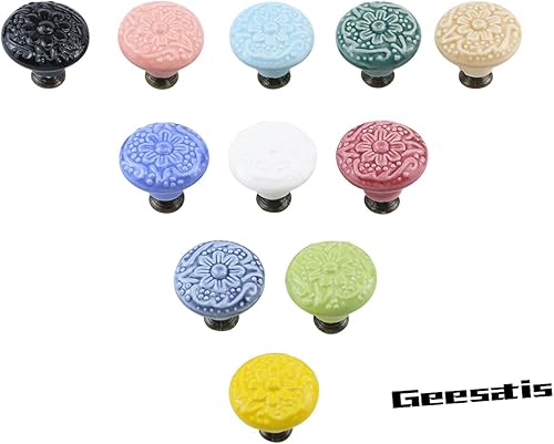 Miniatura 4 de Geesatis 10 pomos decorativos de cerámica, pomos de cajón de armario, pomos decorativos para muebles con tornillos de montaje, verde, 1.4 pulgadas