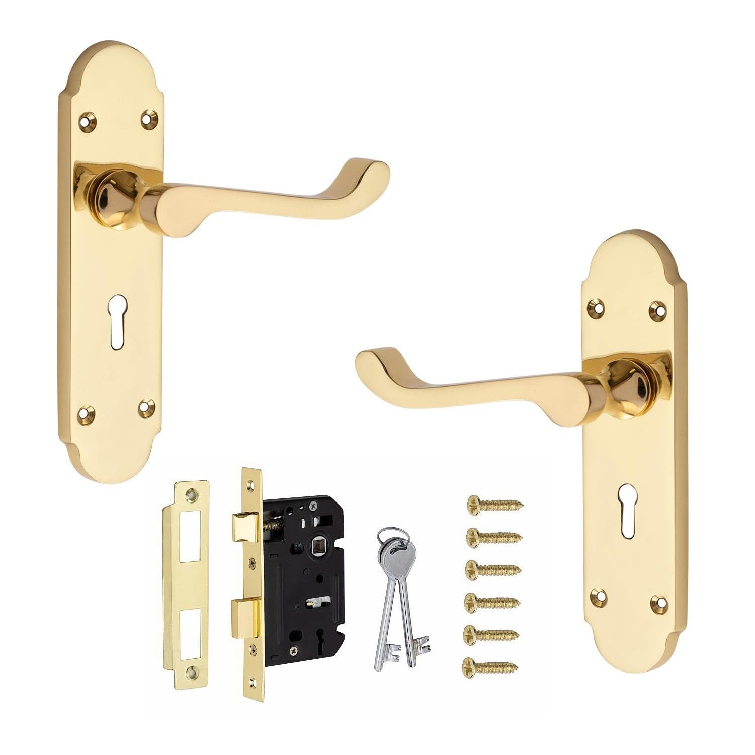 Golden Grace Victorian Scroll Lock Handle with 2.5" 3 Lever Lock Polished Brass Finish 168mm x 40mm