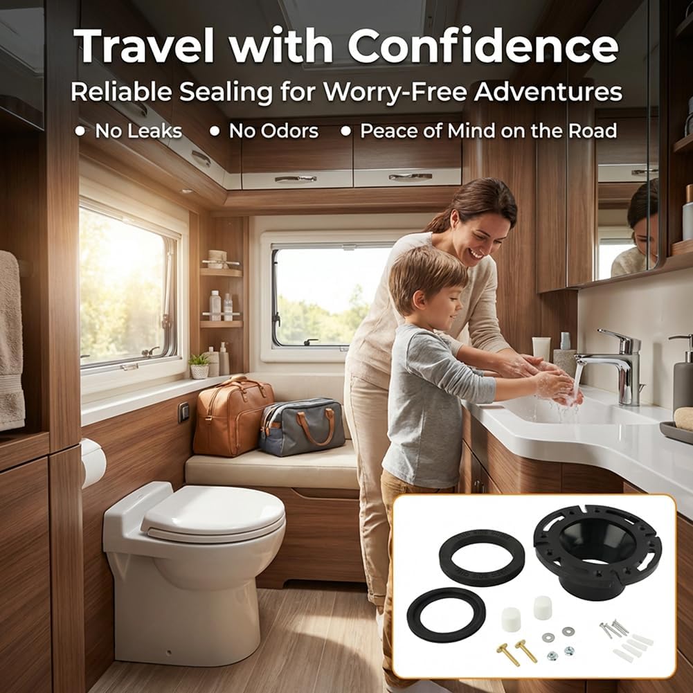 RV Toilet Seal and 3" Socket Floor Flange for Dometic 300 310 320, Replacement Parts Set Including 385345892 Flange, 385311658 Flush Ball Seal, 385311652 Base Seal, 5-in-1 Repair Solution