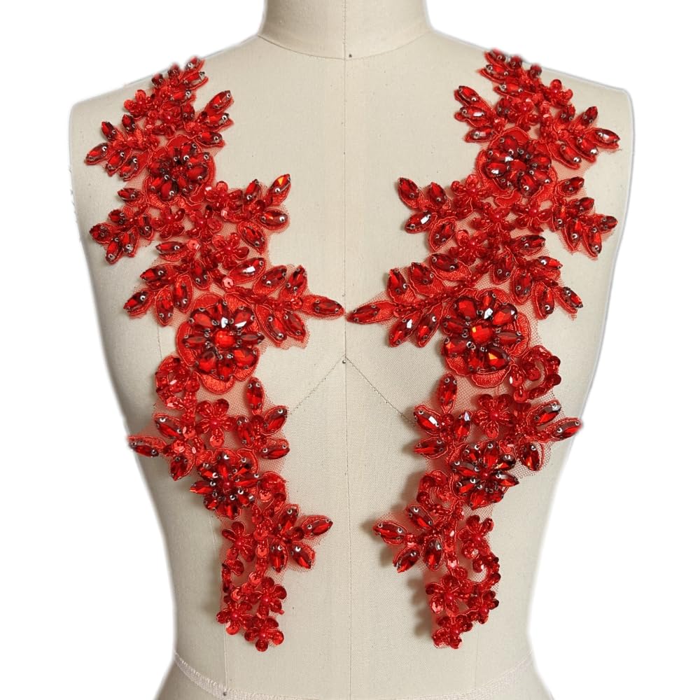 Photo 1 of 1 Pair Rhinestones Lace Applique Accessories Handsewing Glass Beads Stones Trim Patches for DIY Girl Wedding Dress Decorations (Red)