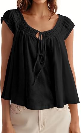 Tankaneo Women Summer Tie Front Tank Tops Cap Sleeve Babydoll Flowy Tops | Pleated Shirt,Casual Loose Fit,Polka Dot,Peplum,Going Out,Cute Boho