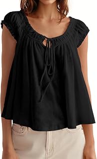 Tankaneo Women Summer Tie Front Tank Tops Cap Sleeve Babydoll Flowy Tops | Pleated Shirt,Casual Loose Fit,Polka Dot,Peplum,Going Out,Cute Boho