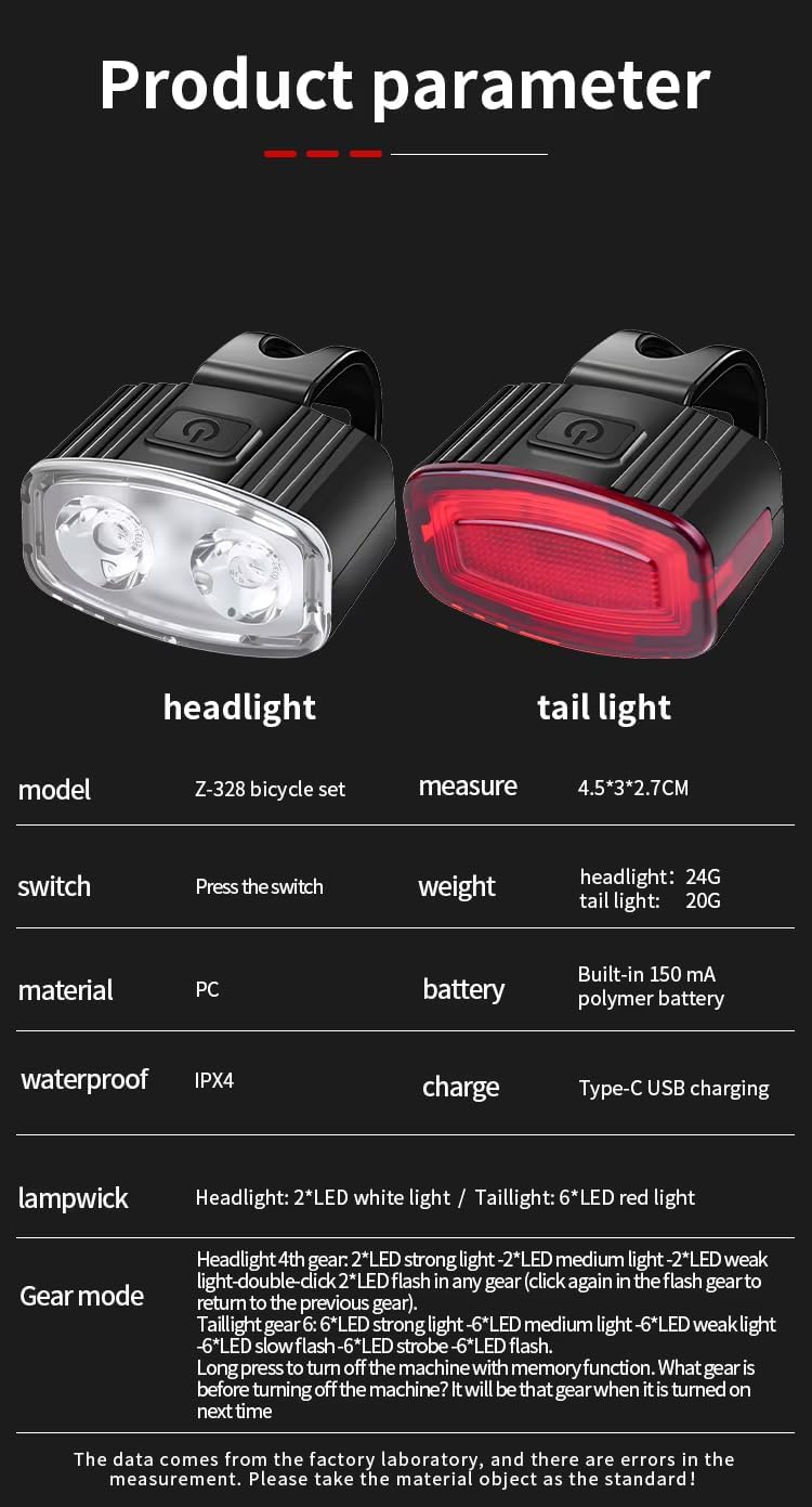Ultra-Lightweight LED Bike Light Set | 200LM Front & 50LM Rear Rechargeable Cycling Lamps | IPX4 Waterproof MTB Night Riding Safety Kit | 10 Light Modes with Type-C Charging & Tool-Free Mounting