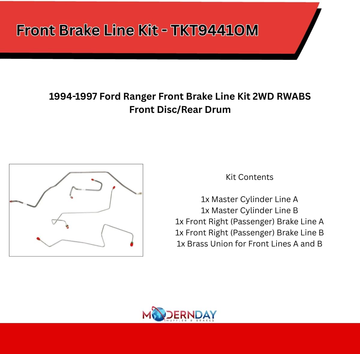 Front Brake Line Kit For 1994-1997 Ford Ranger 2wd, RWABS, Disc/Drum; Steel - TKT9441OM-MDMB